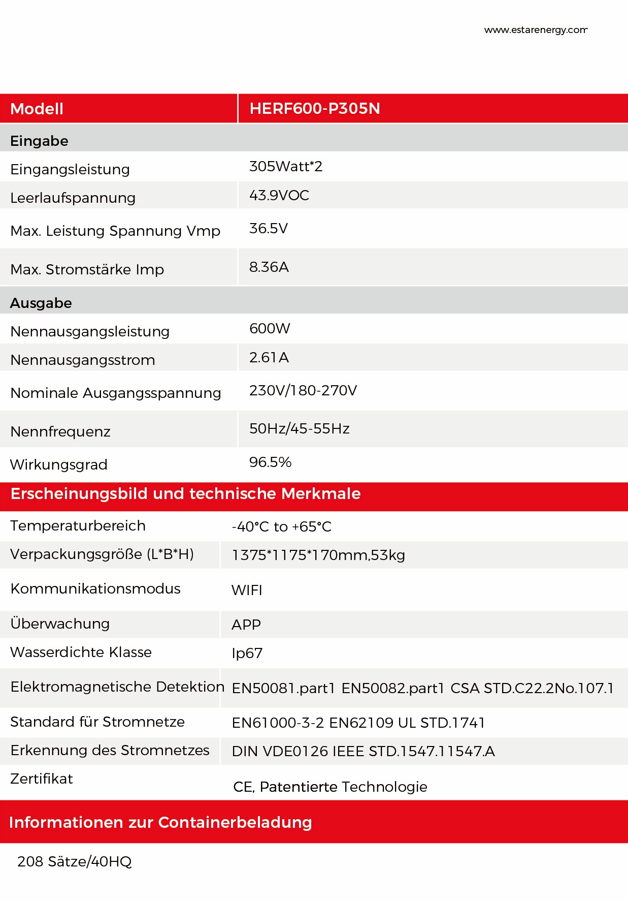 HERF600-P305N Spezifikationen