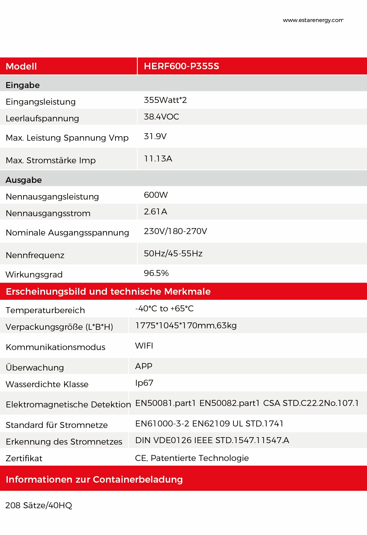 HERF600-P355S Spezifikationen